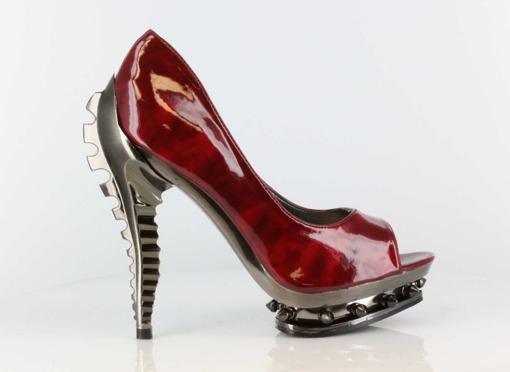 Ripley - Burgundy - Upper: Steam Punk Pat 
Peep Toe Pump 
platform/Heel: 
ABS Platform with Metal 
Spikes & Custom 
ABS Skeleton Heel  in Mid-Platform High Heels