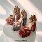 Peep Toe Platforms Chunky Heels Ankle Buckle Straps Floral Print Sandals - Pink