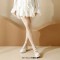 Round Toe Chunky Heels Double Mary Janes Straps Bowknot  Low Platforms Pumps - White Patent