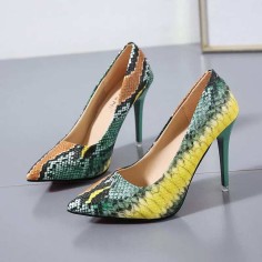 Ladies Party Stiletto Pumps - Green and Yellow Snake