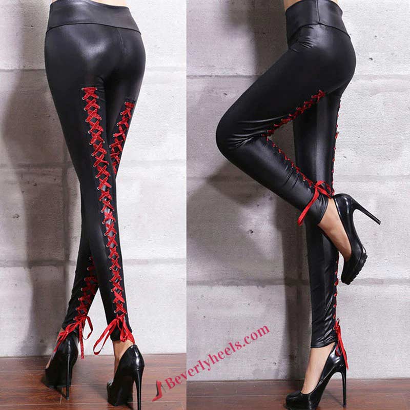 Lib Sexy Red Lace-Up Lady Biker Leggings in Black in Tops, Blouses