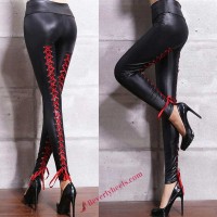 Sexy Red Lace-Up Lady Biker Leggings in Black