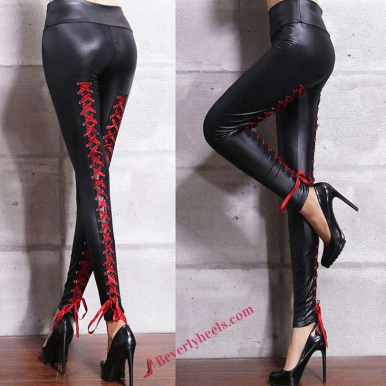 Sexy Red Lace-Up Lady Biker Leggings in Black by Lib