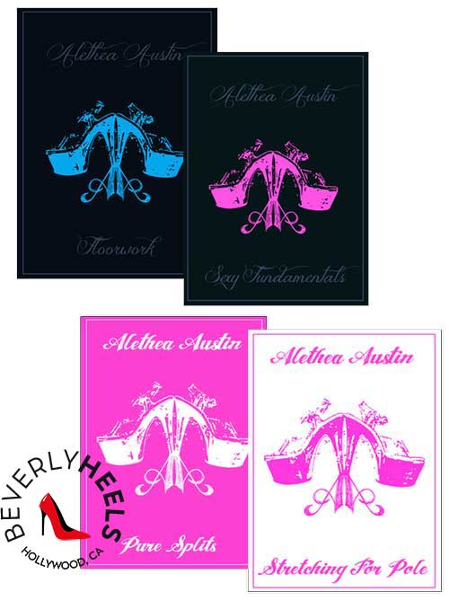 Alethea Austin - Full 4-DVD Set - DVD FULL SET

Sexy Fundamentals 64 Min - DVD - NTSC FORMAT
Even the simplest movement can be sexy. Let us not forget the fundamentals of Pole Dancing starting with how to walk in heels, mesmerizing arm movements and effortless, ripple-filled body waves. Alethea Austin will guide you through the basics of moving around the pole and transitioning to the floor. These instructional DVDs are designed to help every dancer develop confidence in their sexy fundamentals. From kicks and poses to help your flexibility, to press handstands and bottom third pole combos to increase core strength, Alethea will make sure you master the fundamentals of Pole Dance in the comfort of your own home, regardless of your fitness level.

Floorwork 58 Min - DVD - NTSC FORMAT
Floorwork is home to some of the most racy and eye-catching moments in Pole Dance and is where Alethea Austin unleashes her sexiest moves and showcases her signature style. These instructional DVDs will guide you through Aletheas favorite moves and transitions on the floor designed to help both beginner and advanced dancers develop fluidity and raw sensuality in their movement. From shoe slides to the overshoulder split, this DVD demonstrates how to lift off the floor with Aletheas style. Whatever your pole aspirations are, this Floorwork program will help you gain body awareness, core strength, and controlled fluidity that will translate throughout your Pole Dance style.

STRETCHING FOR POLE
Stretching for pole is a program designed by pole champion Alethea Austin to gain full body flexibility and extension specifically for Pole Dancers. some of the exercises in this DVD will use your pole as a tool to aid you in stretching. focusing on warming up the body correctly and providing insider tips to maximize your stretching and gain flexibility in your back and splits.
DVD Includes
- Full body warm up using pole
- Front and Middle Splits
- Lower Back, Middle Back and Upper Back
- 3 Curve Wrapping
- Shoulder Flexibility
- Stretches to create Clean Lines and Form in Poses
- Nerve Stretches to decompress and reduce tension
- Free Dance using Flexibility

PURE SPLITS
``Pure Splits`` is exactly that, Pure Splits sounds like. Every Pole Dancer wants flat splits not only on the ground but up in the air. This DVD is a training program developed by Alethea Austin focusing on lengthening and strengthening leg and hip muscles. I have found that there is a misconception that you just have to sit in your splits until you get them. Pure Splits will give you many different active and static stretches to get you to your goal of a pure flat split in the air.
DVD Includes:
- Full Body Warmups
- Stretching for Straddles Open V
- Deep Stretching for Front Splits and Middle Split
- Showing Beginner Through Over Split Advanced Option
- Using Pole to help Stretch a Range of Splits
- Free Dance incorporating Stretching into Everyday Pole Dance in Pole Dancing DVDs