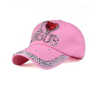 I Love Jesus Adjustable Baseball Cap with Rhinestones - Pink