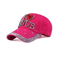 I Love Jesus Adjustable Baseball Cap with Rhinestones - Rose Red