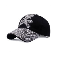 Pirate Skull Adjustable Baseball Cap with Rhinestones - Black