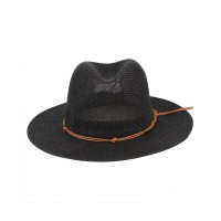 Panama Straw Leather Ribbon Summer Beach Hat - Black
