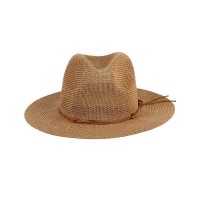 Panama Straw Leather Ribbon Summer Beach Hat - Light Coffee