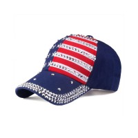 Rhinestones US Flag Adjustable Baseball Cap - Blue