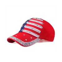 Rhinestones US Flag Adjustable Baseball Cap - Red