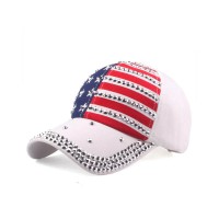 Rhinestones US Flag Adjustable Baseball Cap - White