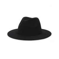 Old Fashion Wide Brim Wool Felt Fedora Hat - Black