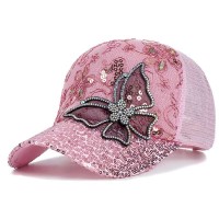 Flower Butterfly Adjustable Baseball Cap with Rhinestones - Pink