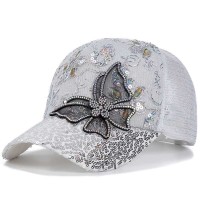 Flower Butterfly Adjustable Baseball Cap with Rhinestones - White