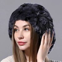 Winter Faux Fur Warm Knitted Berets Hat - Dark Gray Black