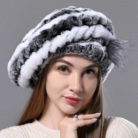 Winter Faux Fur Warm Knitted Berets Hat - Gray White
