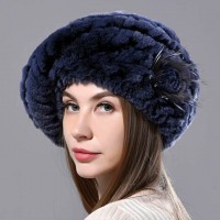 Winter Faux Fur Warm Knitted Berets Hat - Navy Blue