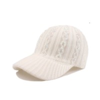 Adjustable Cardigan Knitted Wool Winter Baseball Cap with Rhinestones - White