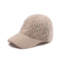 Adjustable Knitted Wool Winter Baseball Cap with Rhinestones - Beige