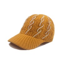Adjustable Knitted Wool Winter Baseball Cap with Rhinestones - Yellow