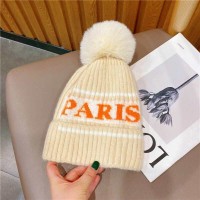 Paris Knitted Furry Pompon Wool Winter Hat - Beige