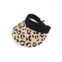 Leopard Print Visor Empty Top Adjustable Straw Beach Cap - Beige