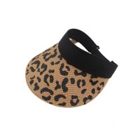 Leopard Print Visor Empty Top Adjustable Straw Beach Cap - Khaki