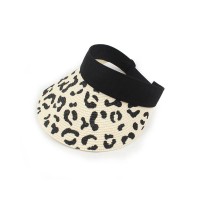 Leopard Print Visor Empty Top Adjustable Straw Beach Cap - White
