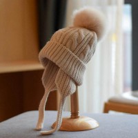Knitted Fur Pompon Earlap Wool Winter Hat - Beige