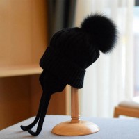 Knitted Fur Pompon Earlap Wool Winter Hat - Black
