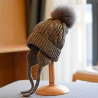 Knitted Fur Pompon Earlap Wool Winter Hat - Gray