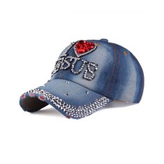 I Love Jesus Adjustable Baseball Cap with Rhinestones - Blue