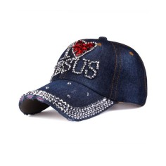 I Love Jesus Adjustable Baseball Cap with Rhinestones - Dark Blue