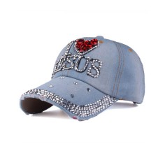 I Love Jesus Adjustable Baseball Cap with Rhinestones - Light Blue