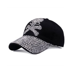 Pirate Skull Adjustable Baseball Cap with Rhinestones - Black