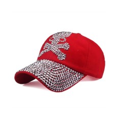 Pirate Skull Adjustable Baseball Cap with Rhinestones - Red