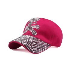 Pirate Skull Adjustable Baseball Cap with Rhinestones - Rose Red