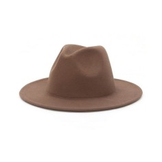 Old Fashion Wide Brim Wool Felt Fedora Hat - Dark Camel