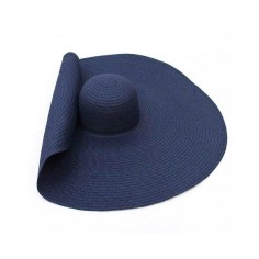 Oversized Straw Summer Brim Summer Sun Beach Hat - Navy Blue