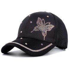 Flower Butterfly Star Adjustable Baseball Cap with Rhinestones - Black