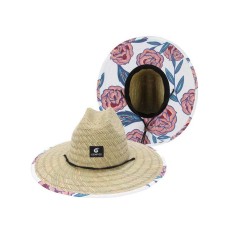 Panama Lifeguard Straw Summer Rose Pattern Beach Hat - White