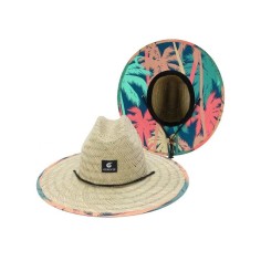 Panama Lifeguard Straw Summer Tropic Pattern Beach Hat - Rose Red Green