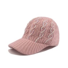 Adjustable Knitted Wool Winter Baseball Cap with Rhinestones - Pink