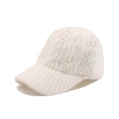 Adjustable Knitted Wool Winter Baseball Cap with Rhinestones - White