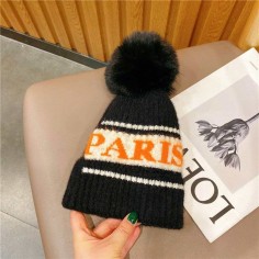 Paris Knitted Furry Pompon Wool Winter Hat - Black