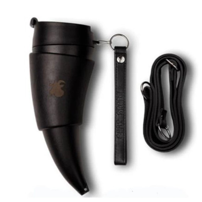Viking Goat Horn Coffee Mug Portable Thermos - Stainless Steel Interior - 230ml Black - Package Contents:
1x goat horn cup made of ABS with stainless steel interior 
1x faux leather sleeve
1x long hand strap
1x short hand strap

100% leak proof.
This Vacuum Cup is very practical, has a unique goat horn shape, is very fashionable and will add to your personality. 
With one long and one short shoulder strap, you can make the cup hanging in the bag as decorative.
The leather case design of the cup is beautiful, and the make it as a stent that will easily stand on the table.
This Thermos Mug does not contain BPA,it is very safe and healthy for the human body.

Color: Black
Material: 304 Stainless steel + ABS + faux leather
Package Includes: Thermos Mug X 1
Glask Cup in Gifts