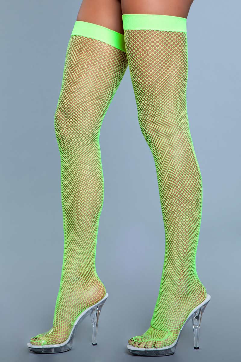 BeWicked 1931 Nylon Fishnet Thigh Highs Neon Green in Hosiery
