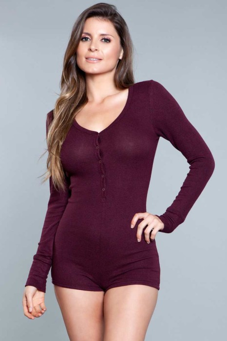 1882 Nala Romper Burgundy - 1 Piece. Long-sleeve romper with scoop neckline button snaps and cuffs. Wash separately/ machine was cold tumble dry low/ cool iron/ do not dry clean. 75% Viscose 21% Polyester 4% Elastane. Poly bag packaging. Packaging dimensions (in): 13x10x1. in Rompers