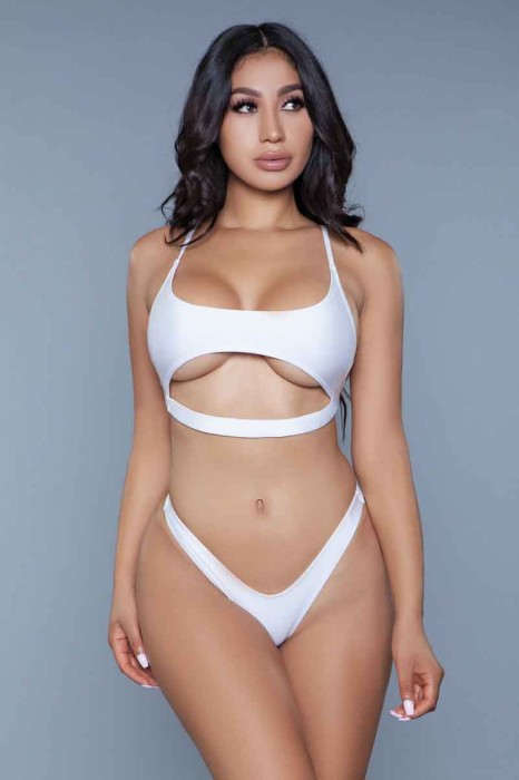 1975 Gianna 2 Piece Swimsuit White - 2 Piece. Sporty style  Cami crop top and a cheeky thong bottom swimsuit. Hand wash cold/ Do not bleach/ Line dry/ Do not iron/ do not dry clean. 82% Nylon 18% Spandex. Poly bag packaging. in Swimwear, Bikinis, Monokinis, Robes